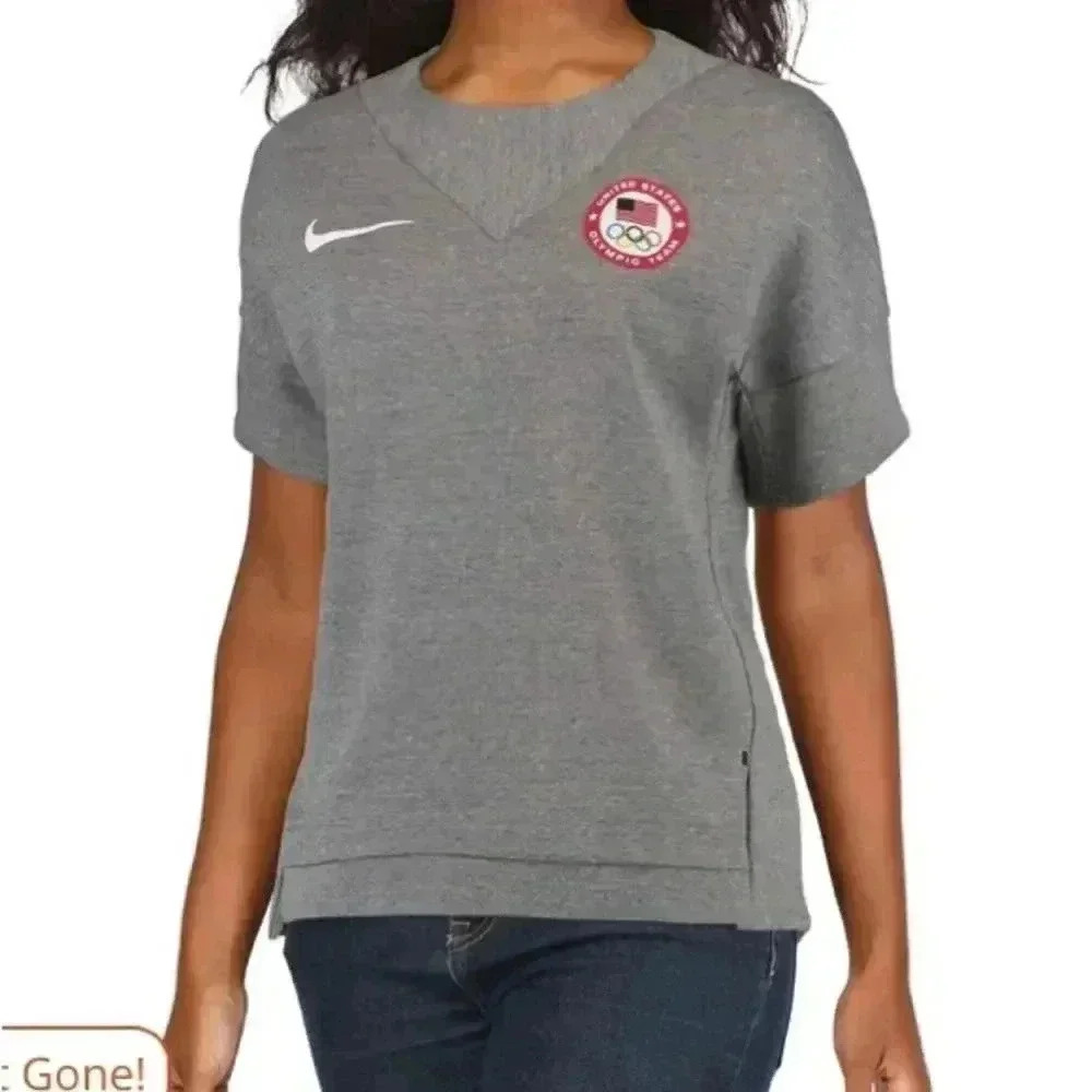 Nike Team USA Women's Gray Short Sleeve Fleece Crew Neck Sweatshirt Large - Picture 2 of 8